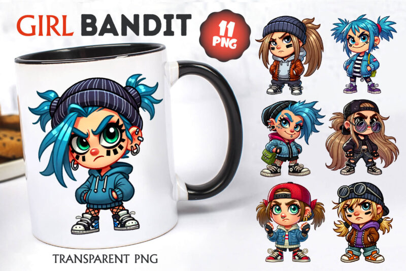 Cartoon girl bandit. Tshirt, PNG.