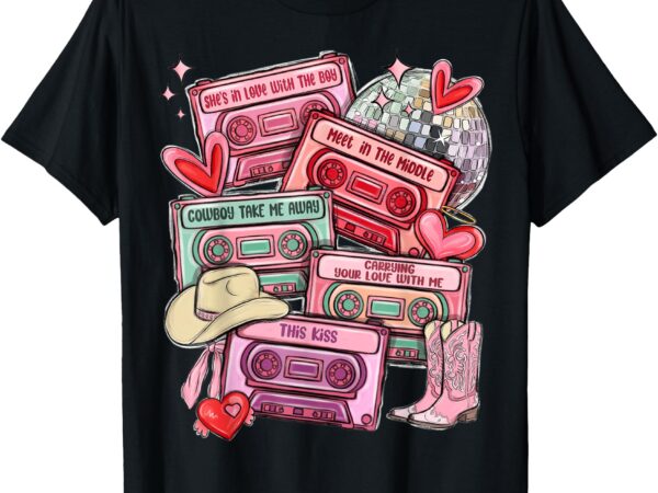 Cassette tapes and cowboy boots valentine’s day love couples t-shirt