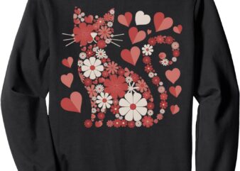 Cat Floral Hearts Romantic Valentines Day For Kids Women Men Sweatshirt