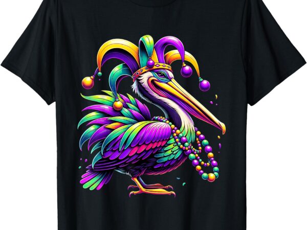 Colorful mardi gras pelican louisiana jester hat beads t-shirt