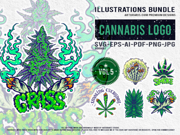 Cheerful collection of cannabis cigarette and leaf illustrations t shirt vector file