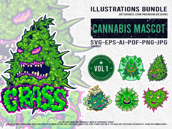 Playful green cannabis characters illustrations collection t shirt illustration