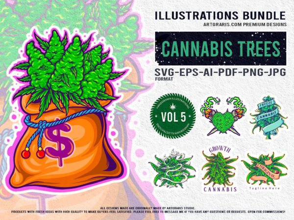 Green gold cannabis plant illustrations pack t shirt design template