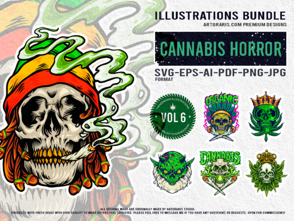 Eclectic cannabis themed skull bundle illustrations vector clipart