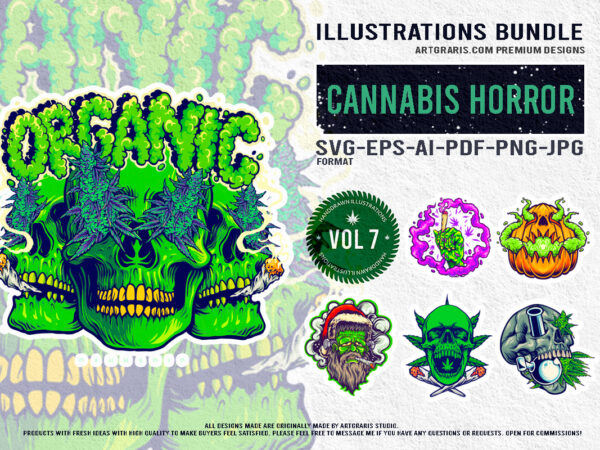 Whimsical cannabis and halloween skull art bundle t shirt design for sale