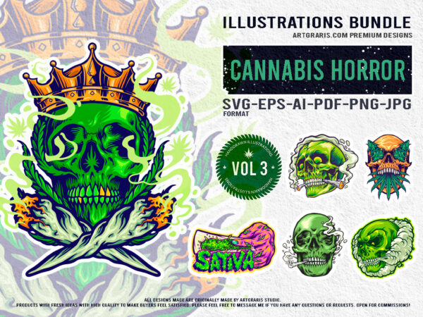 Colorful halloween collection of creepy skulls and cannabis themes t shirt vector file