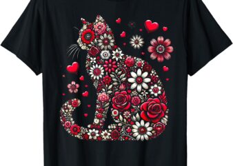 Cute Cat Valentines Day Heart Floral Women Girls Valentine’s T-Shirt