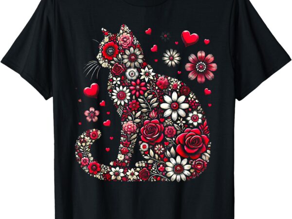 Cute cat valentines day heart floral women girls valentine’s t-shirt