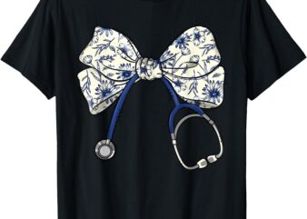 Floral Blue Coquette Bow Nurse Stethoscope Nursing Doctor T-Shirt