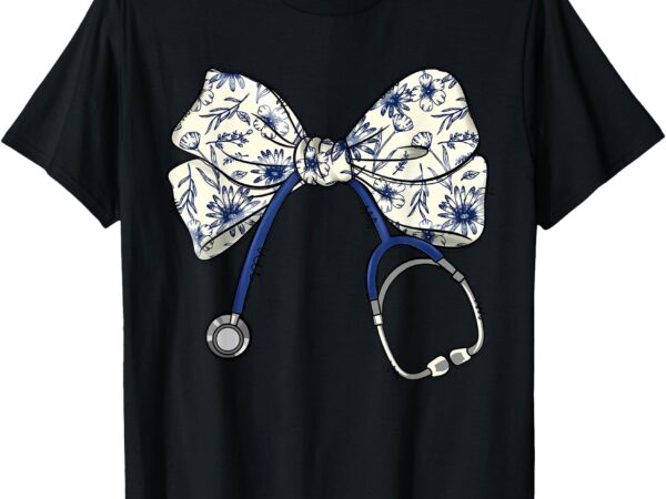 Floral blue coquette bow nurse stethoscope nursing doctor t-shirt