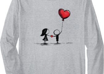 Girl and boy with heart balloon holding hands, love, friends Long Sleeve T-Shirt