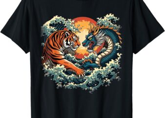 Japanese Tiger Fighting Dragon Vintage Art for Men and Women T-Shirt