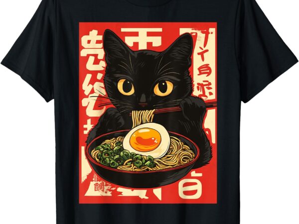 Kawaii cat eating ramen noodle anime retro japanese t-shirt