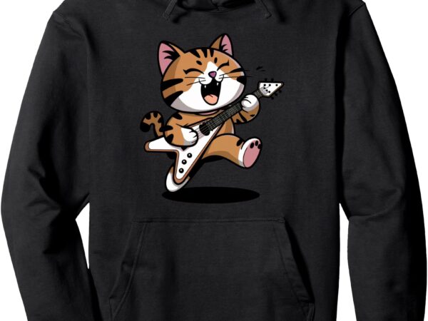 Kawaii cat kitten playing guitar rock star rock and roll pullover hoodie t shirt vector art