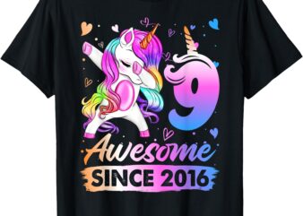 Kids Awesome Since 2016 Unicorn Dabbing 9th Birthday T-Shirt