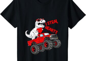 Kids Valentines Day T Rex Riding Monster Truck Funny Toddler Boys T-Shirt