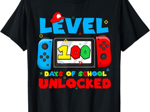 Level 100 days of school boys unlocked video games gamer t-shirt