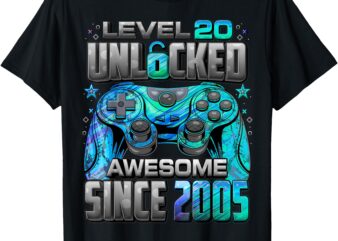 Level 20 Unlocked Awesome Since 2005 20th Birthday Gaming T-Shirt