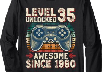 Level 35 Unlocked Awesome Since 1990 Video Gamer 35th Bday Long Sleeve T-Shirt