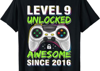 Level 9 Unlocked Awesome Since 2016 9th Birthday Gaming Boys T-Shirt