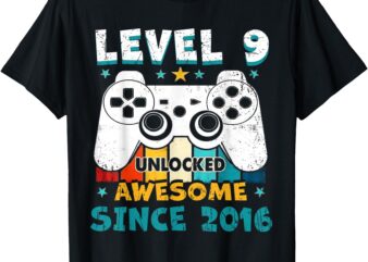 Level 9 Unlocked Awesome Since 2016 Gamer 9th Birthday T-Shirt