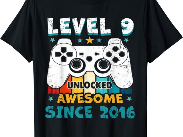 Level 9 unlocked awesome since 2016 gamer 9th birthday t-shirt