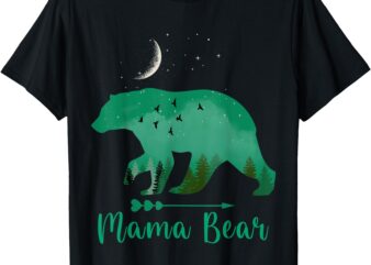 Light Blue Mama Bear with Fun Moon, Birds and Stars T-Shirt