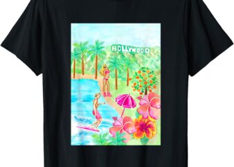 Los Angeles Hand Painted Watercolor Surfing Roller Skater T-Shirt