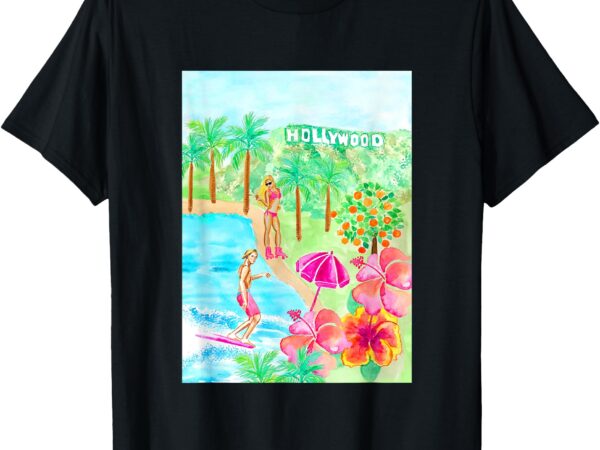 Los angeles hand painted watercolor surfing roller skater t-shirt