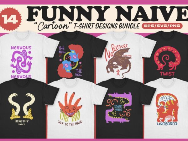 Funny naive cartoon t-shirt designs bundle