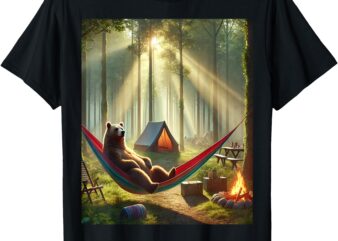 Nature Camping Bear – Relaxed Hammock and Tent Forest Scene T-Shirt