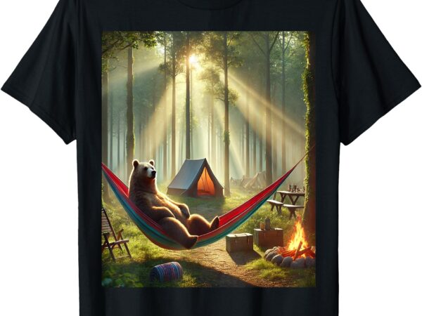 Nature camping bear – relaxed hammock and tent forest scene t-shirt