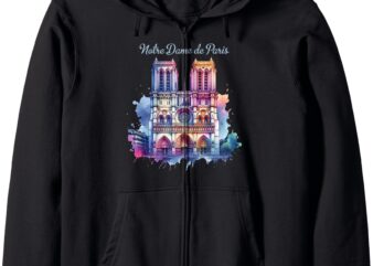 Notre Dame Paris Cathedral Watercolor Zip Hoodie