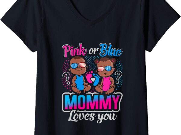 Pink or blue mommy loves you gender reveal baby shower v-neck t-shirt