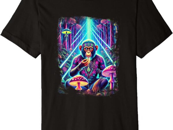 Psychedelic monkey ape eating mushrooms in a forest premium t-shirt