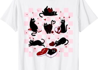 Retro Black Cat Playing Heart Valentines Day Cat Kitty Lover T-Shirt