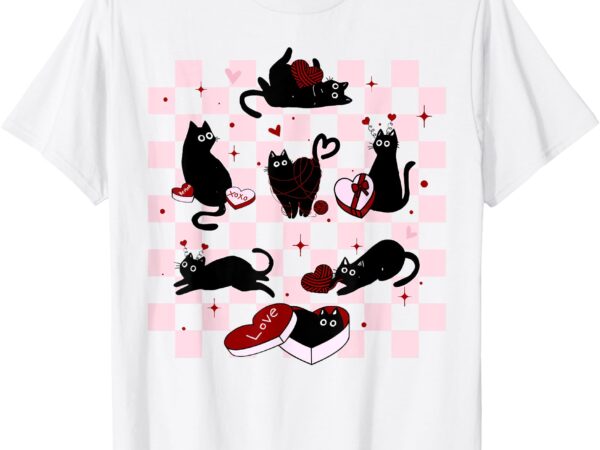 Retro black cat playing heart valentines day cat kitty lover t-shirt