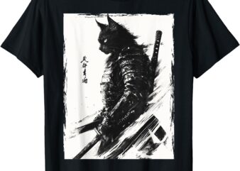 Samurai Warrior Cat Graphic Tee Vintage Japanese Art Anime T-Shirt