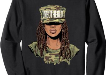 Unbothered African American Woman with Locs Camo Sweatshirt