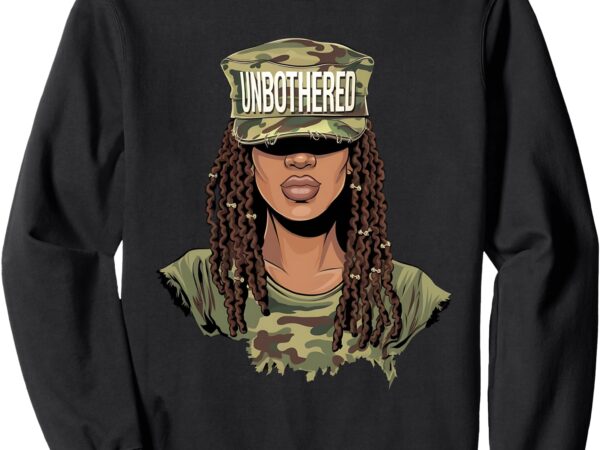 Unbothered african american woman with locs camo sweatshirt