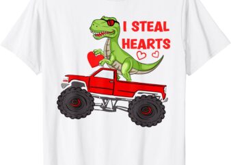 Valentines Day boys kids Dinosaur Monster truck Hearts T-Shirt