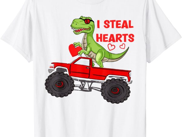 Valentines day boys kids dinosaur monster truck hearts t-shirt