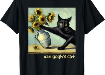 Van Gogh Black Cat With Sunflowers Funny Cat Painting Art T-Shirt