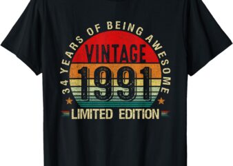 Vintage 1991 Limited Edition 34 Year Old Gifts 34th Birthday T-Shirt