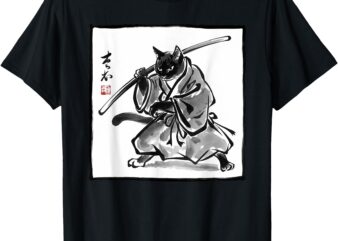 Vintage Japanese Kawaii Samurai Warrior Art Graphic Cat T-Shirt