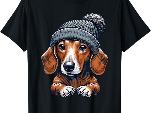 Wiener dog with beanie hat t-shirt