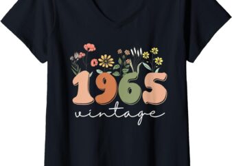 Womens 60 Years Old Vintage 1965 60th Birthday Tee Wildflower Women V-Neck T-Shirt