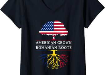 Womens American Grown with Romanian Roots – Romania V-Neck T-Shirt