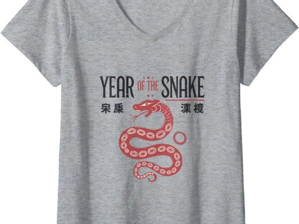 Womens chinese new year 2025 red year of snake zodiac cute happy v-neck t-shirt