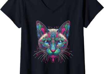 Womens Futuristic Synthwave Siamese Cat Meezer V-Neck T-Shirt